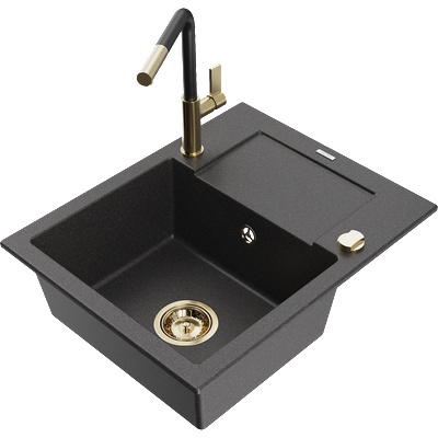 Mexen Enzo кухненска мивка от гранит с 1 корито с отцедник и кухненски смесител Flora, черен напръскан - 6506-76-670401-57-G (6506-76-670401-57-G)