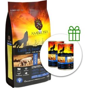 AMBROSIA Adult All Breeds Lamb & Fresh Salmon 12 кг + 2 консерви безплатно