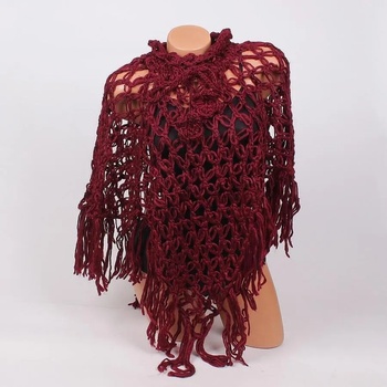 Image 1 of Плетено пончо с ресни в цвят бордо