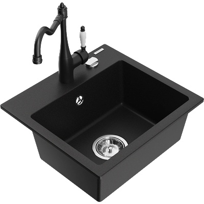 Mexen Milo гранитна кухненска мивка с 1 корито с кухненски смесител Carla, черен - 6505-77-670700-70 (6505-77-670700-70)