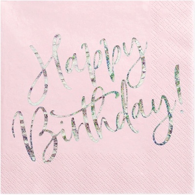 PartyDeco ubrousky 3V Happy birthday pudrově růžové 20ks 33x33cm