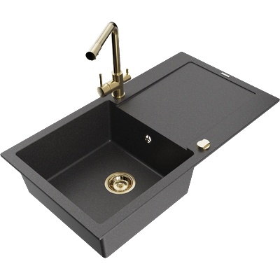 Mexen Leo мивка гранитна еднокамерна с отцедник и кухненски смесител Duero, черен на пръски - 6501-76-671600-50 (6501-76-671600-50)