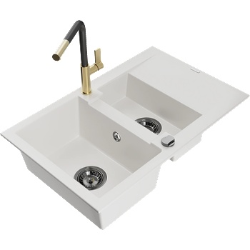 Mexen Gaspar гранитна кухненска мивка 1, 5 камери с дренаж и кухненски смесител Flora, бял - 6507-20-670401-57-B (6507-20-670401-57-B)