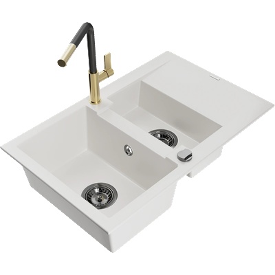 Mexen Gaspar гранитна кухненска мивка 1, 5 камери с дренаж и кухненски смесител Flora, бял - 6507-20-670401-57-B (6507-20-670401-57-B)