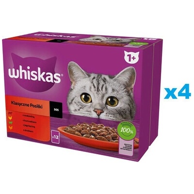 WHISKAS Adult Classic Meals krmivo v omáčke kúsky s hovädzím, kuracím, jahňacím, hydinovým mäsom 48x85 g
