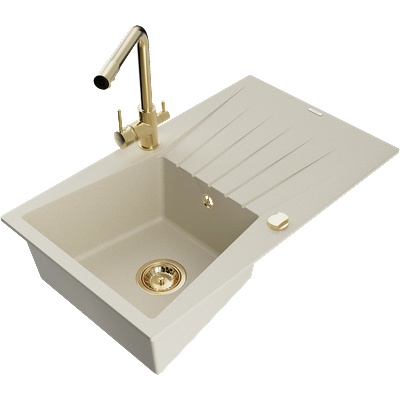 Mexen Cesar гранитна кухненска мивка с 1 отделение, сушилник и кухненски смесител Duero, бежов - 6514-69-671600-50 (6514-69-671600-50)