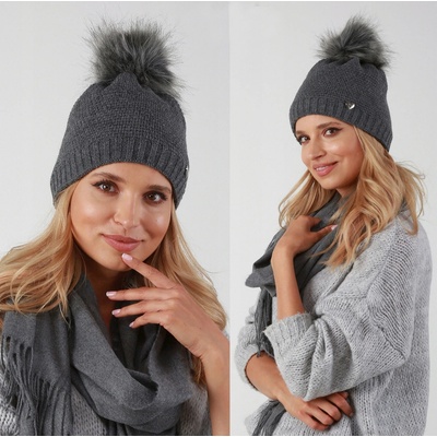 Fashionweek dámská zimní čepice s bambulí flísová podšívka ZIZI-V12 grafitová