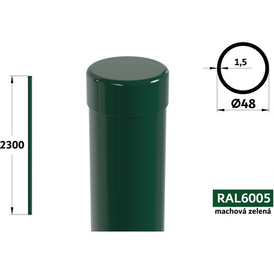 Plotový stĺpik 230 cm, priemer 48 mm, hr. steny 1,50 mm, machová zelená