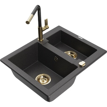 Mexen Carlos гранитна мивка с 1, 5 камери и кухненски смесител Flora, черен на пръски - 6518-76-670401-75-G (6518-76-670401-75-G)