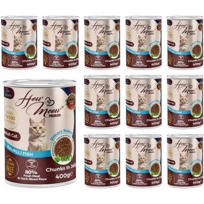 HERMOS How Meow Jelly Adult Cat Food with Fish - Пълоценна храна за пораснали котки, консерва с риба в желе 400 гр х 12 броя в стек, Турция