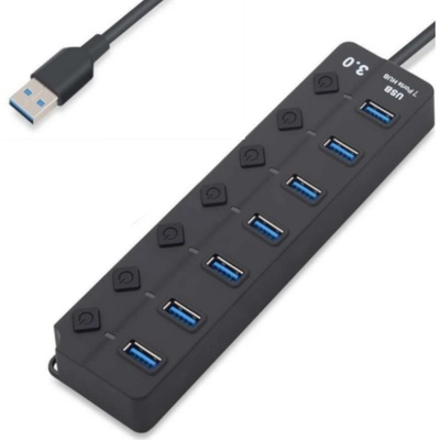 Zik USB Хъб Zik H307, 7 порта, от USB 3.0 Type-A към 7x USB 3.0 Type-A, с бутон за изключване на всеки порт, черен (45644566)