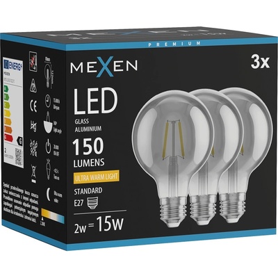 Mexen Vintis 3x LED филаментна крушка E27, G80, 2W, Топла - 2200K, 150 lm, димно сиво (L155-E27-0222-70x03)