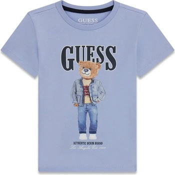 GUESS Светло синя тениска за мини момче с голямо цветно мече и тъмно син надпис Guess