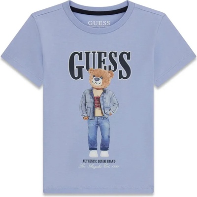 GUESS Светло синя тениска за мини момче с голямо цветно мече и тъмно син надпис Guess