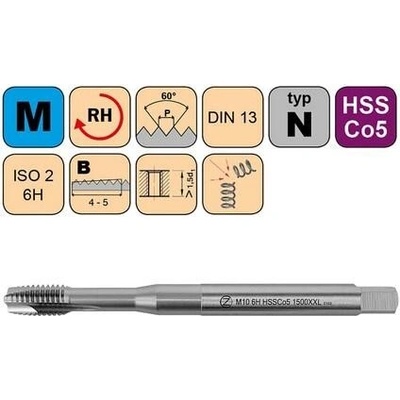 NÁSTROJE CZ Závitník strojní M8 ISO2 HSSE DIN 371 B prodloužený L=120mm - CZZ1500XXL-M8-ISO2
