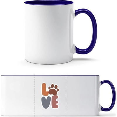 PrintEQ TTH Dvoubarevný Hrnek Nápis LOVE s tlapkou Bílá Kobaltová Modř Standard Dárky 250 ml