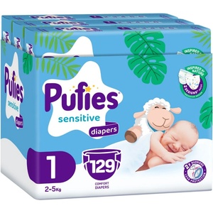 pufies Бебешки пелени Pufies Sensitive - Newborn, размер 1, 2-5 kg, 129 броя, Multipack (54000186) - baby