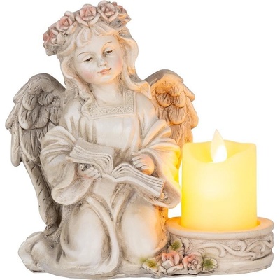 MagicHome Dekorace Anděl s knihou a svíčkou LED polyresin na hrob 17,5x14,5x17,5 cm