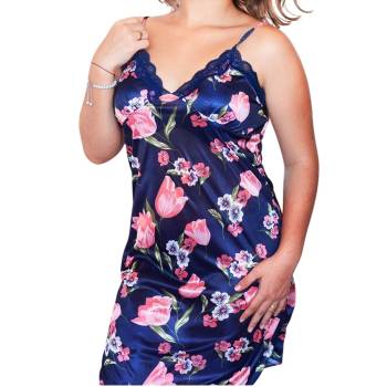 Сатенена нощница в тъмносиньо с розови и бели цветя