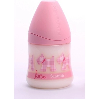 Suavinex láhev se širokým hrdlem silikon Scottish RŮŽOVÁ Růžoví káro pejsci 150ml