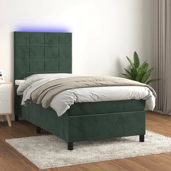 vidaXL Боксспринг легло с матрак и LED, тъмнозелено, 100x200см, кадифе (3136110)