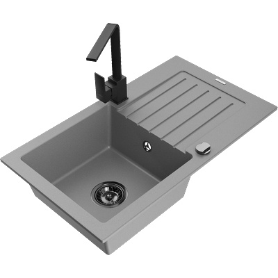Mexen Pablo гранитна кухненска мивка с 1 отделение с изцедник и кухненски смесител Rita, сив - 6510-71-670300-70-B (6510-71-670300-70-B)
