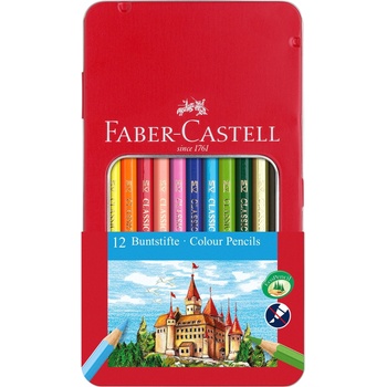 Faber-Castell Цветни моливи Замък, 12 цвята, в метална кутия (1015120019)