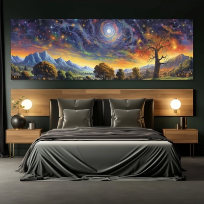Obraz na plátně - Krajina s magickou noční oblohou FeelHappy.cz Vyberte rozměr obrazu (šířka x výška): 150 x 50 cm