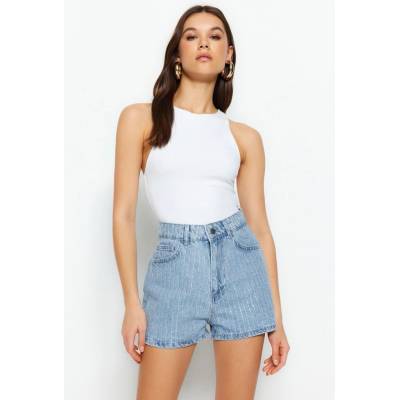 Trendyol High Waist Denim shorts With Blue Stones svetlomodrá