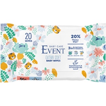 Event Бебешки мокри кърпи 3 в 1 Event - Extra Soft, с алое, лайка и маслина, 20 броя (2EVBE04202ESWAT20A)
