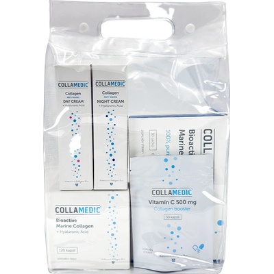 Collamedic sada kolagen nápoj 5000 mg, 30 ks + kapsle s kyselinou hyaluronovou 120 ks + denní a noční hydratační krém 30 ml Hyalderma + ZDARMA vitamín C 30 ks