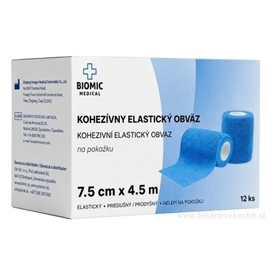 Zhejiang Hongyu Medical Commodity Co., Ltd. BIOMIC Kohezívny elastický fixačný obväz 7,5 cm × 4,5 m, modrý, 12 ks