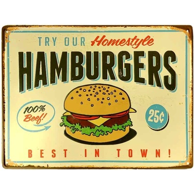 Retro plechová tabuľa Hamburgers 30x20cm