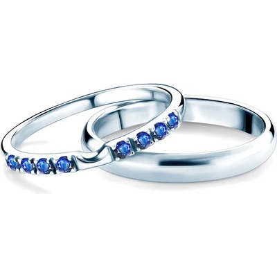 SAVICKI Сватбени халки The Journey: бяло злато, син сапфир, полукръгъл профил. 2 мм и 3 мм
