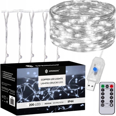 SPRINGOS LED Nano světelný závěs 2x2m 200LED 8 funkcí ovladač USB IP44 studená bílá