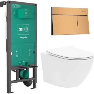 Rune Казанче за вграждане Hansgrohe iFrame 112 см с бутон iFrame Element E, четкан бронз, плюс бяла тоалетна чиния Rune Ivaldi с капак softclose (01022180+66003140+5940541330400)
