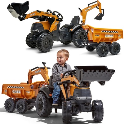 CASE IH Backhoe šlapací traktor s přívěsem a pohyblivou lžící oranžový