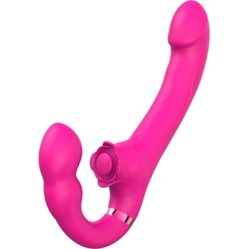 SuperLove Strapless Strap-On with Dual Vibrations, Flapping & Remote Pink