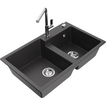 Mexen Tomas гранитна мивка с 2 отделения с кухненски смесител Flora, черна с пръски - 6516-76-670401-00 (6516-76-670401-00)
