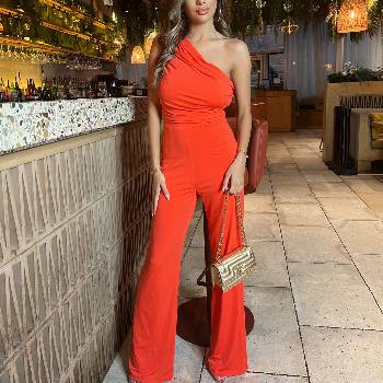Image 1 of AX Paris Burnt Orange One Shoulder Ruched Top Slinky Jumpsuit - Burnt Orange