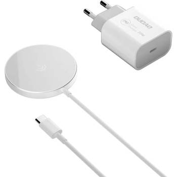 Dudao USB-C Magnetic Wireless Qi Charger 15W with 20W wall charger - поставка (пад) за безжично зареждане и захранване за ел. мрежа за iPhone с Magsafe (бял)