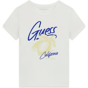 GUESS Бяла тениска за момиче със син надпис Guess и щампа лимон