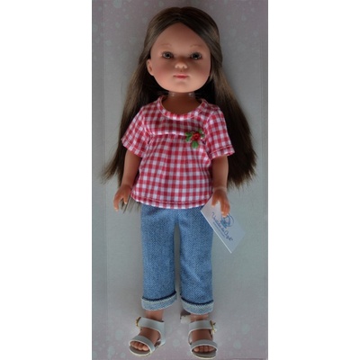 Vestida de Azul Realistická holčička Carlota v červenobílé kostkované halencei Carlota- 28 cm