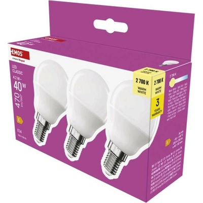 Emos ZQ1E21.3 LED žárovka Classic Mini Globe E14 4,2 W 40 W 470 lm teplá bílá 3 ks