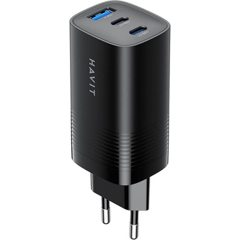 Havit Захранване за ел. мрежа за лаптопи, смартфони и таблети с 2xUSB-C и 1xUSB-A изходи с технология за бързо зареждане - Havit GaN Fast Wall Charger 65W (черен) (UC20EU (KF2343603))