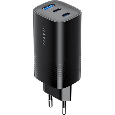 Havit Захранване за ел. мрежа за лаптопи, смартфони и таблети с 2xUSB-C и 1xUSB-A изходи с технология за бързо зареждане - Havit GaN Fast Wall Charger 65W (черен) (UC20EU (KF2343603))