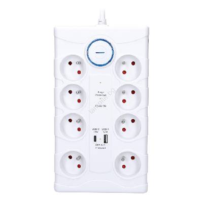 PO80 - Удължител с ключ 8 гнезда тип E + 1x USB-A + 1x USB-C 2 m бял (SL1686)