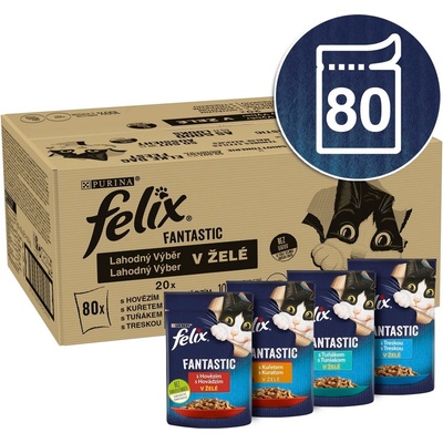 Felix Fantastic s hovězím kuřetem tuňákem a treskou v želé 80 x 85 g – Zboží Mobilmania