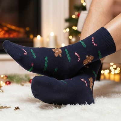 Мъжки вълнени чорапи в тъмносиньо с коледни мотиви