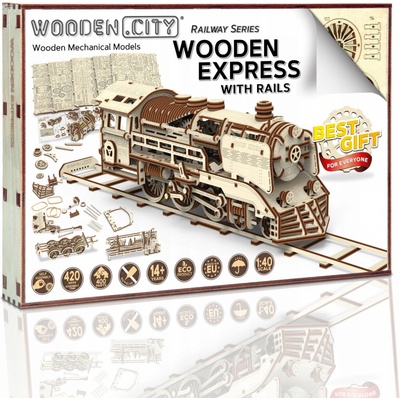 WOODEN CITY 3D puzzle Dřevěný Express s tendrem a kolejemi 580 ks – Zboží Dáma